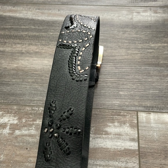 Brighton Opera black wide leather whipstitched flower belt main image 6